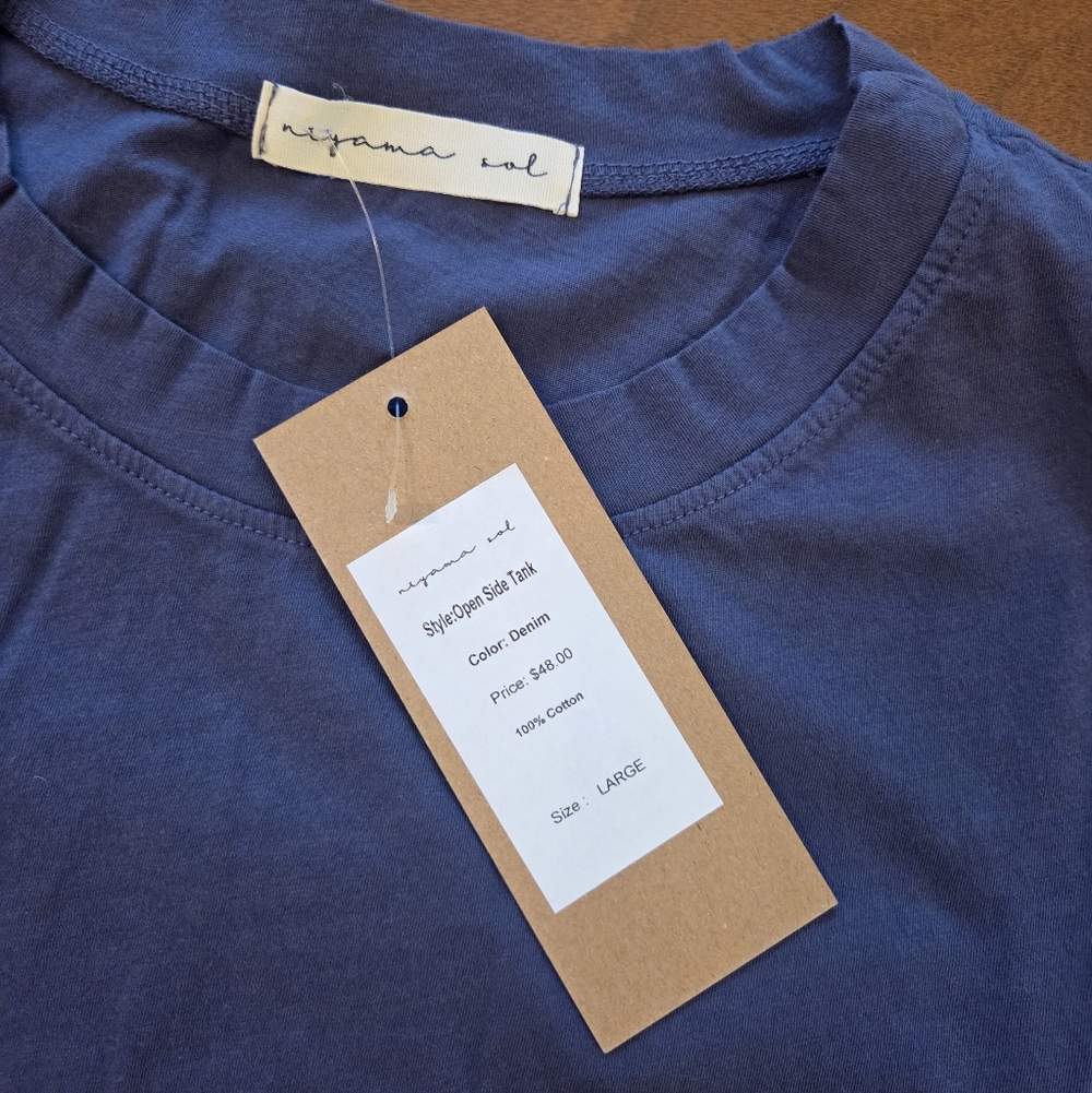 Niyama Sol Open Side Tank - New with Tags - 100% Cotton in Denim Gray Blue - Picture 4 of 7